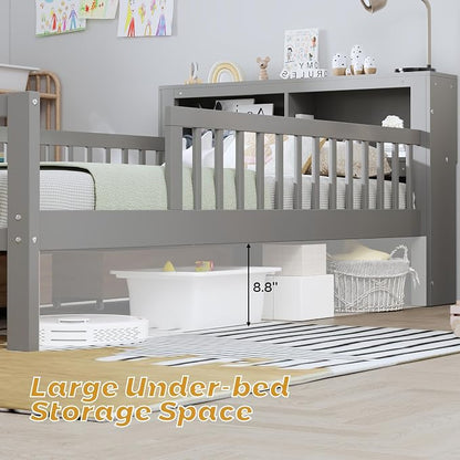 Kids Twin Size Bed Frame with Storage Drawers and Bookcase,Wood Twin Bed Frames for Kids,Twin Bed Frame with Headboard and Footboard for Boys Girls,No Box Spring Needed,Gray