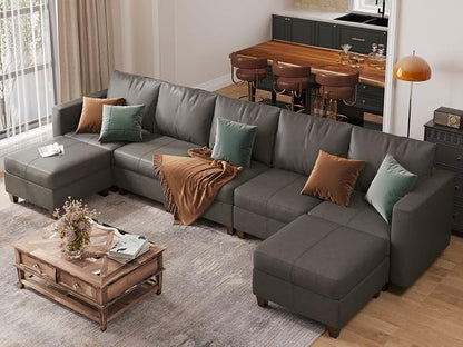 EASE MOOSE Faux Leather Sectional, Modular Sectional Sofa with Storage, Faux Leather Modular U Shaped Couches for Living Room, Grey