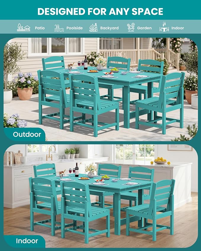 SERWALL Outdoor Dining Sets for 6, HDPE Dining Set with 6 Armless Chairs, Aruba