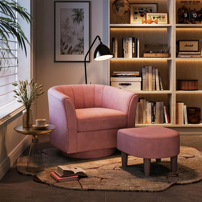 LINSY Swivel Accent Chair Ottoman Set: Velvet Larege Barrel Chair with Foot Rest, Modern Reading Chair Upholstered Armchair with Footrest for Living Room Bedroom Study Room Office (Pink)