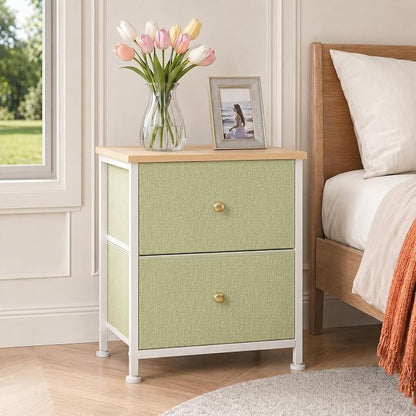 Sweetcrispy Nightstand with 2 Storage Drawers, Small Bedside Table | 20" Height End Table, Wooden Top Fabric Cabinet for Bedroom, Furniture, Closet, College Dorm, Light Green