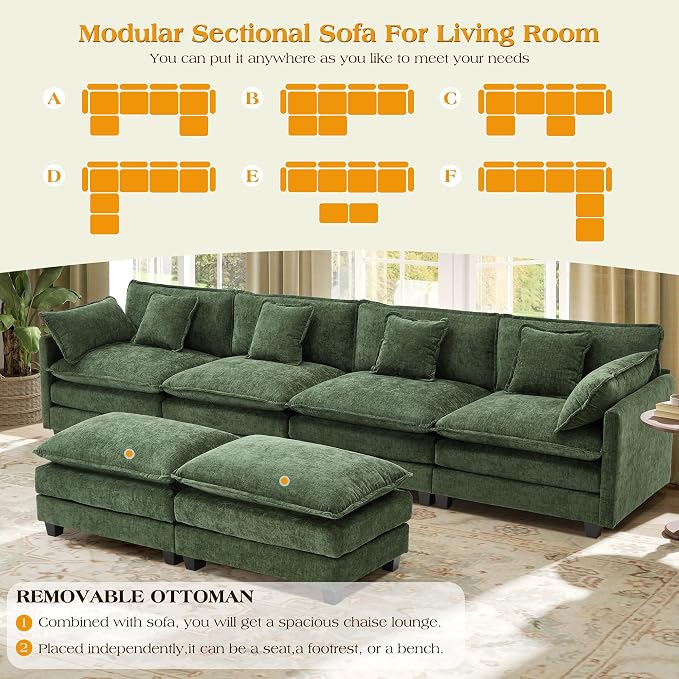 149.2" Modular Sectional Sofa,U Shaped Couch for Living Room,Modern Deep Seat Sofa 3 Seater Chenille Fabric Comfy Cloud Couches with Throw Pillows & Movable Ottoman
