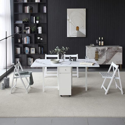 FUNROLUX Folding Dining Table with Rack and 2 Storage Drawers, Movable Extendable Space Saving Kitchen Table in 3 Forms (White)