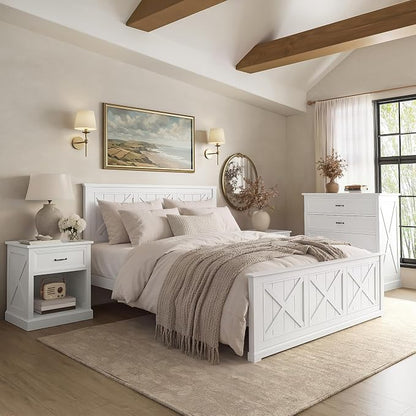 Farmhouse 4-Pieces Bedroom Sets, Queen Size Platform Bed with 2 Nightstands and 4-Drawer Storage, Wooden Bed Frame with Headboard and Footboard, Retro Queen Size Bedroom Set (White-4.13)
