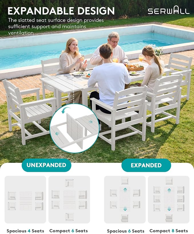 SERWALL HDPE and Aluminum Outdoor Dining Set for 8, White | 60" - 83" Expandable Outdoor Dining Table and 8 HDPE Chairs, All Weather Outdoor Furniture Set