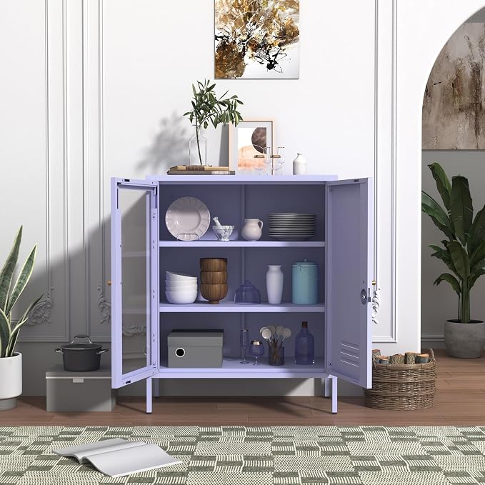 Metal Cabinet Metal Bathroom Storage Cabinet Metal Storage Cabinets with Glass Door and Adjustable Shelves Cabinet Storage for Coffee Bar for Homes, Living Rooms and Offices Purple 33''H