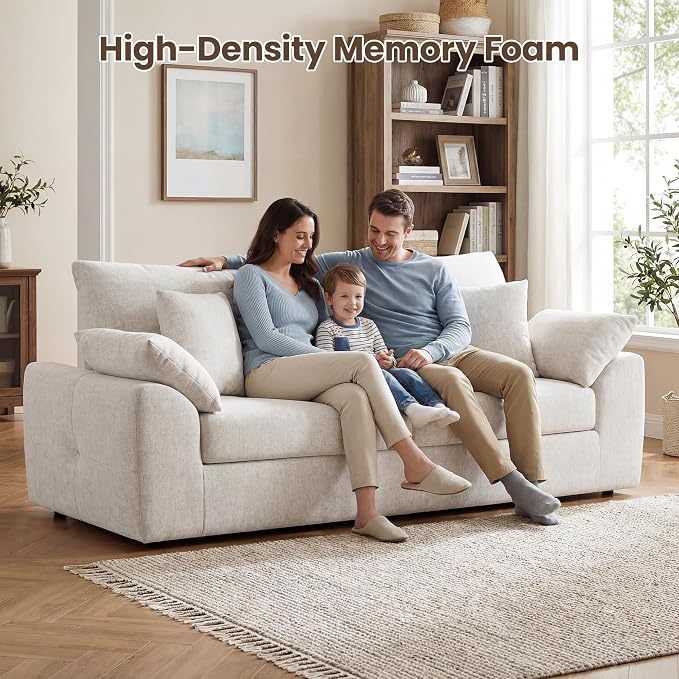 90" Boneless Loveseat Sofa, Polyester Fabric 2-Seater Couch with 4 Pillows, No Assembly Required, Soft High Density Foam Cushion, Rectangular Track Arm Sofa for Living Room Bedroom Apartment (Beige)