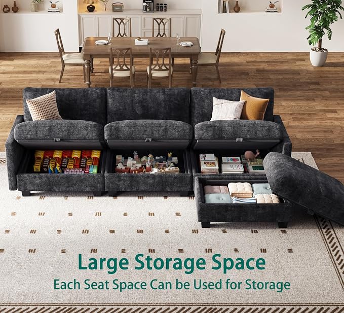 Modular Sectional L Shaped Sofa Couches for Living Room, Cloud Couch with Storage Ottoman, Comfy Chenille Sofa with Pillow, Black
