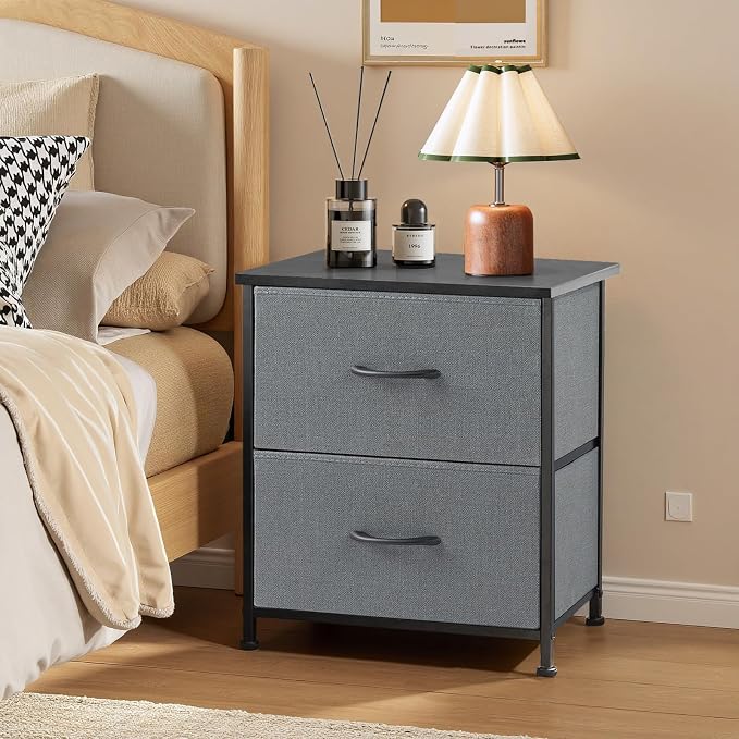 Nightstand, Small 2 Drawer Dresser End Table Bedside Furniture, Wooden Top Fabric Bins for Bedroom, Closet, Entryway, Dorm, 11.8" D x 18" W x 20", Gray