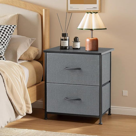 Nightstand, Small 2 Drawer Dresser End Table Bedside Furniture, Wooden Top Fabric Bins for Bedroom, Closet, Entryway, Dorm, 11.8" D x 18" W x 20", Gray