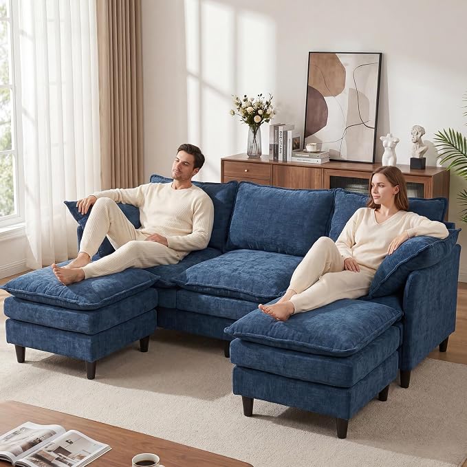 3 Seater U-Shape Couch Sofa with Ottomans, 69" Small Couch Modern Comfy Cloud Sofa with 23" Deep Washable Pillow ChenilleCover Couches for Living Room Bedroom Apartment Office 69-Blue-U