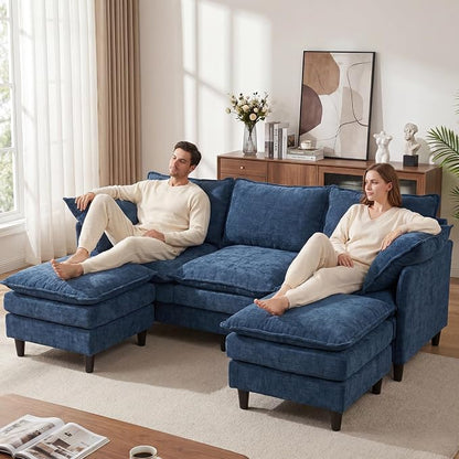 3 Seater U-Shape Couch Sofa with Ottomans, 69" Small Couch Modern Comfy Cloud Sofa with 23" Deep Washable Pillow ChenilleCover Couches for Living Room Bedroom Apartment Office 69-Blue-U