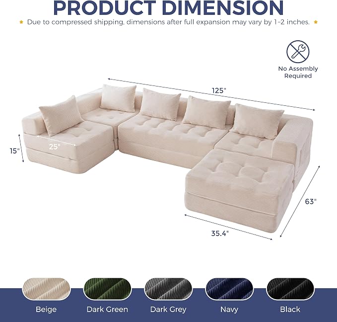 MAXYOYO Modular Sectional Sofa Couch, Foldable U Shaped Cloud Couch with Pillows, Tufted 6-Seat Boneless Lounger Sofa for Living Room, No Assembly Required, Beige