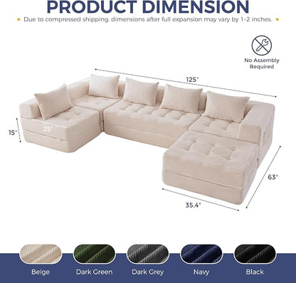 MAXYOYO Modular Sectional Sofa Couch, Foldable U Shaped Cloud Couch with Pillows, Tufted 6-Seat Boneless Lounger Sofa for Living Room, No Assembly Required, Beige