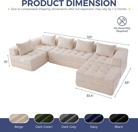 MAXYOYO Modular Sectional Sofa Couch, Foldable U Shaped Cloud Couch with Pillows, Tufted 6-Seat Boneless Lounger Sofa for Living Room, No Assembly Required, Beige