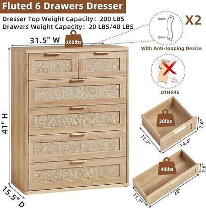 LEYAOYAO Rattan Dresser for Bedroom, 41" Tall Chest of Drawers, Modern 6 Drawers Boho Dressers with Storage, Light Oak Dresser Wooden Closet Organizer for Living Room, Hallway, Natural Wood