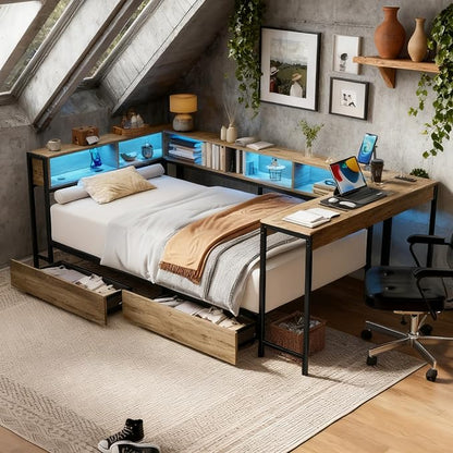 Bellemave Full Size Corner Bed Frame with Storage Drawers, Bookcase and Side Desk, Full Corner Bed with Light and Charging Station, Daybed for Bedroom, Living Room, Guest Room Gray