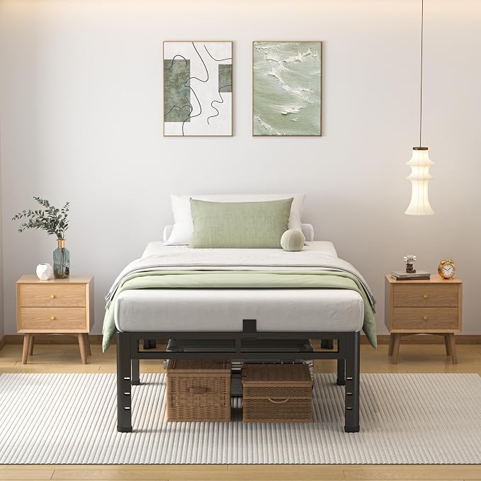 NKZ Twin Size Bed Frame 16 Inch, Metal Bed Frame & Box Spring 2 in 1 Platform with Round Corner Legs, 4000lbs Weight Capacity Reinforced Metal Frame, Headboard Hole, Noise-Free, Easy Assembly