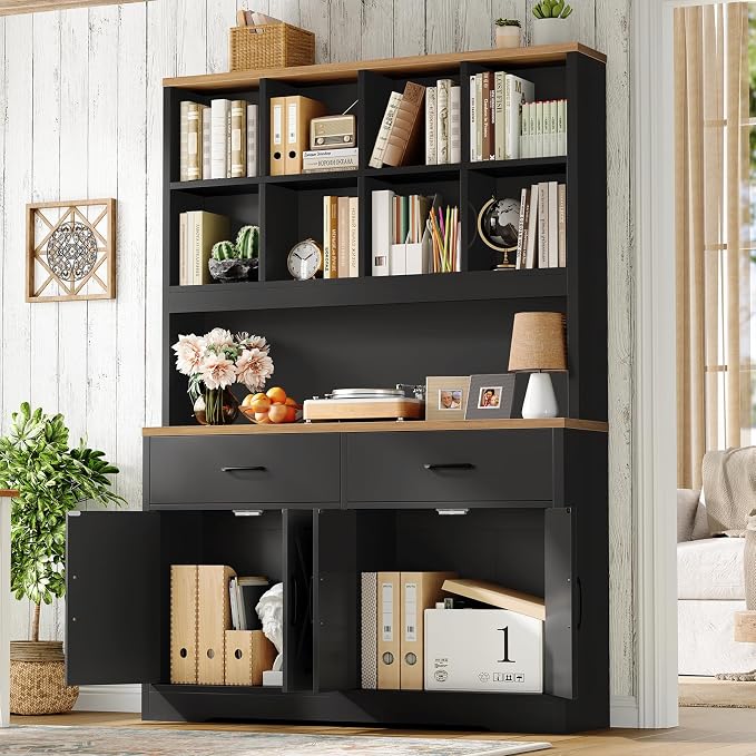TEENFON Storage Cabinet with Doors and Drawers, Pantry Cabinets, 5 Tier Floor Standing Bookshelves, Bookshelf and Bookcase, 8 Open Storage Shelves and Printer Stand for Study, Living Room, Office