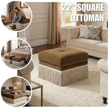 Hyfirm Brown Upholstered Accent Ottoman with Fringe, 22 Inch Square Plush Footstool Ottomans Bench for Bedroom, Modern Boho Pouf Foot Rest for Living Room, Couch