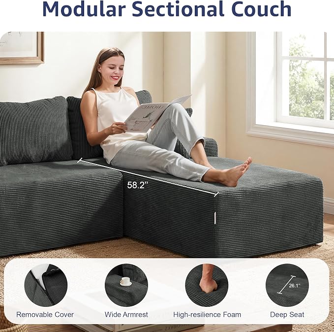 Hobestluk Modular Sectional Sofa Couches L-Shape Couch 3 Seat Modular Sofa Memory Foam Sectional Couches for Living Room, Cloud Couch with Oversized Chaise (Grey Corduroy, 96", Right Hand Facing)