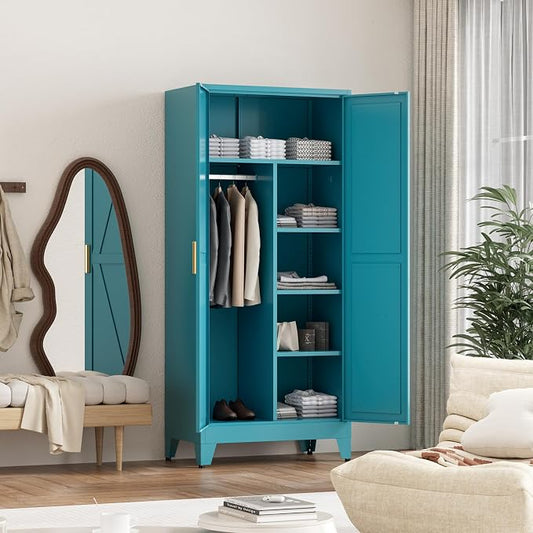 Washsemba 71'' Farmhouse Metal Wardrobe Cabinet with Hanging Rod, 2 Barn Door Wardrobe Closet with 5 Adjustable Shelves,Drawer,for Dining Room,Bedroom,Living Room, Cloak Room,Office (Peacock Blue)