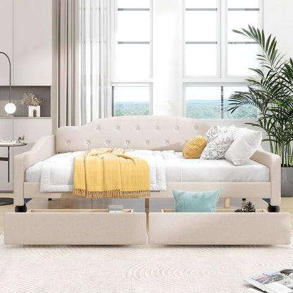 Merax Full Size Daybed with Storage, Solid Wood Sofa Bed Frame w/2 Drawers, Upholstered Tufted Daybed for Living Room, Bedroom and Guest Room, Beige