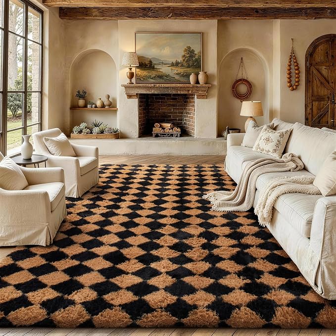 Ophanie 8x10 Black & Beige Diamond Checkered Rugs for Living Room Bedroom,Large Rhombus Fluffy Soft Fuzzy Area Rugs,Plush Shaggy Bedside Floor Carpet Kids Baby Dorm Decor with Over 99 pcs Pile fibers