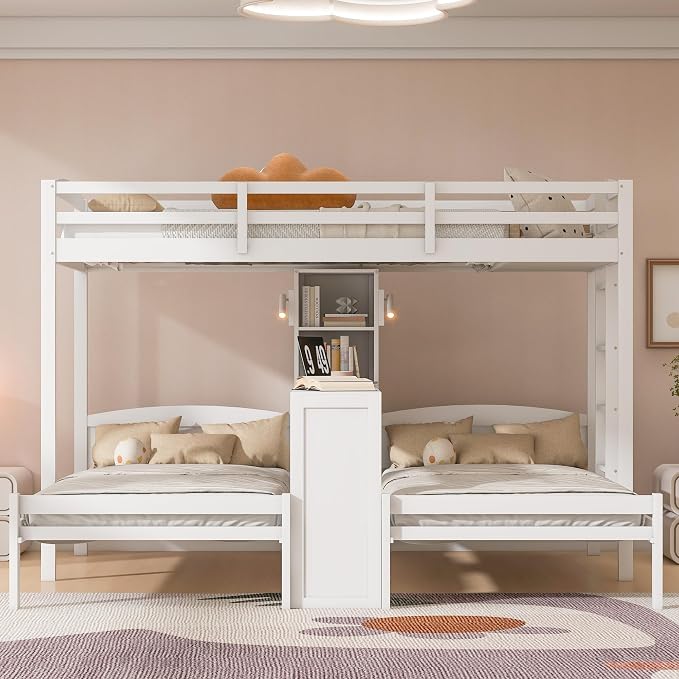 VilroCaz Twin Over Twin & Twin Bunk Bed with Built-in Desk and Storage Shelves, 3 Beds in 1 Design Solid Wood Triple Bunk Bed with Reading Lamp and Guardrails for Kids Teens Aldults (White-2.14)