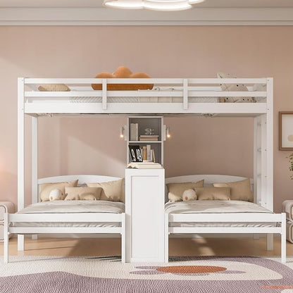 VilroCaz Twin Over Twin & Twin Bunk Bed with Built-in Desk and Storage Shelves, 3 Beds in 1 Design Solid Wood Triple Bunk Bed with Reading Lamp and Guardrails for Kids Teens Aldults (White-2.14)