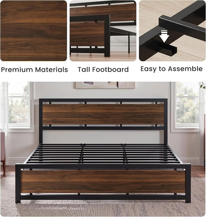 LIKIMIO King Bed Frame with Headboard and Footboard, Metal Strong Supports, Easy Assembly, Noise-Free, No Box Spring Needed, Dark Walnut