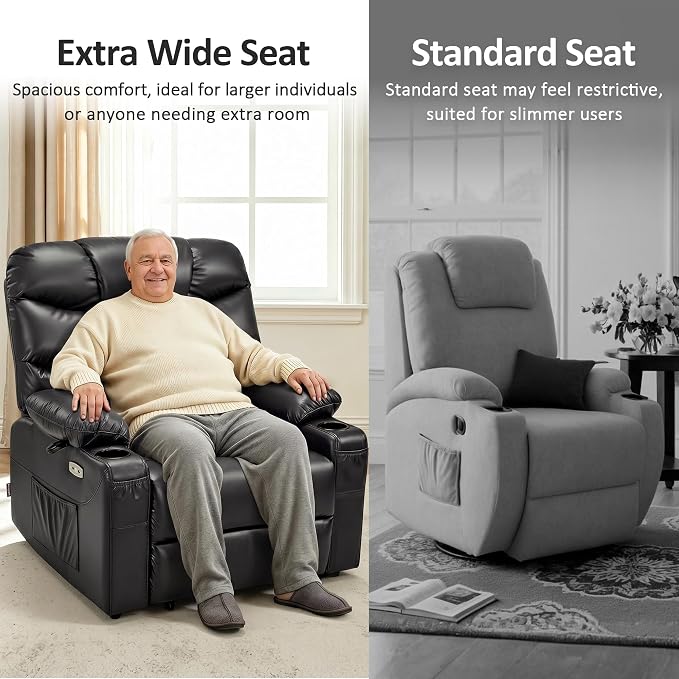 MCombo Oversized Power Lift Recliner Chair with Extended Footrest, Extra Wide for Big and Tall Elderly People, Faux Leather R7289 (Black, Medium-Wide)