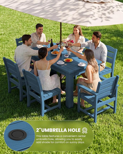 SERWALL HDPE Dining Set for 8: 2 Umbrella Hole Tables + 8 Chairs. for Garden, Backyard, Poolside. Blue