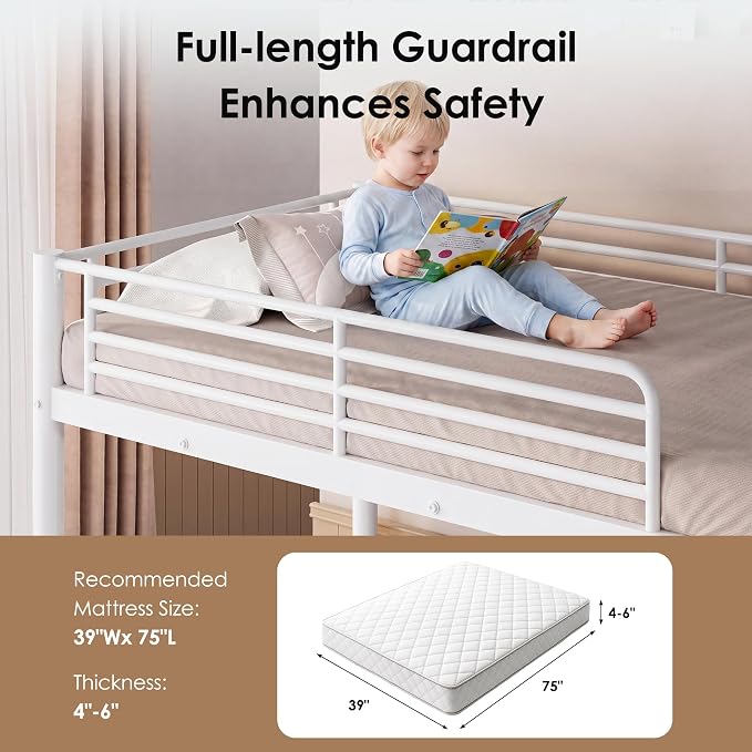 Bunk Bed Twin Over Twin, More Sturdy Heavy Duty Metal Bunk Bed with Angled Ladder for Teens and Adults, Used for Spaces-Saving, Apartment or Dorm, Noise Free & Easy Assembly, White