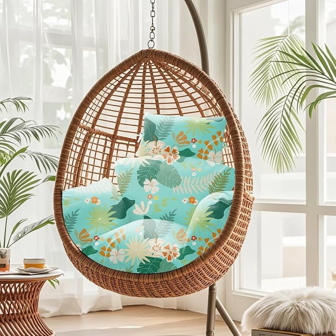 Waterproof Egg Chair Cushion Replacement 47x31.5x4.7 inch Thicken Hanging Egg Swing Chair Cushion Indoor Outdoor Wicker Rattan Hammock Basket Cushion with Headrest Pillow, Teal Floral Leaves