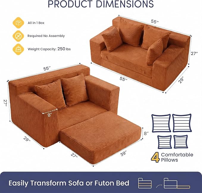 cidludto Convertible Sofa Bed, Boneless Couch 2 in 1 Loveseat Folding Couch Bed Foldable, Chair Bed & Futon Sofa Bed, Small Corduroy Pull Out Sofa with 4 Pillows for Living Room, Orange