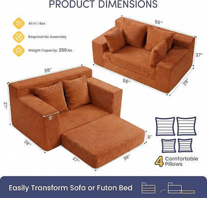cidludto Convertible Sofa Bed, Boneless Couch 2 in 1 Loveseat Folding Couch Bed Foldable, Chair Bed & Futon Sofa Bed, Small Corduroy Pull Out Sofa with 4 Pillows for Living Room, Orange
