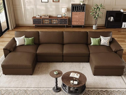 EASE MOOSE Oversized Modular Sectional Sofa,Leather Sectional Couch with Deep Seat, Classic Extra Large U Shaped Couch,Faux Leather Material Sofa Comfy Scratch Resistant for Living Room,Deep Brown