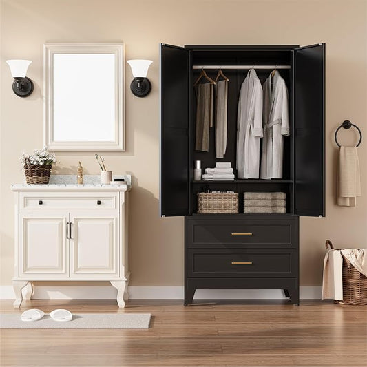 Metal Wardrobe Closet Cabinet with Drawers,71" H Large Bedroom Armoires with Shelves and Hanging Rod,Wardrobe Storage Cabinet with 2 Doors, 1 Adjustable Shelf and Drawers (2Drawer, Black)