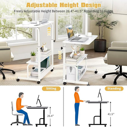 Karl home 31.5" Portable Rolling Desk on Wheels,Height Adjustable Standing Desk with 2 AC Outlets/3 USB Ports,Mobile Laptop Table with Hooks and Storage Shelves for Home Office,White