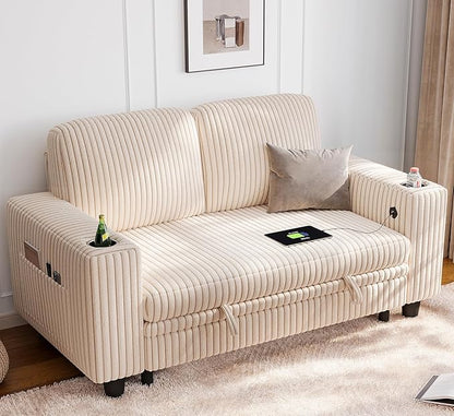LINSY HOME Loveseat Sofa with Storage - Comfy Plush Corduroy 2 Seater Sofa with USB Charging & Cup Holders, Deep Seat Love Seat for Small Spaces Living Room Bedroom Apartment, Beige