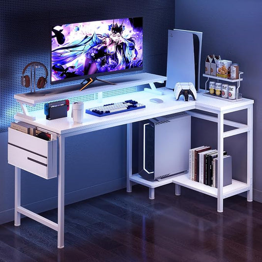 DUMOS Gaming Desk, Computer Desk with USB Charging Ports Power Outlets Type-C LED Lights Reversible L Shaped Workstation with Storage Shelves Monitor Stand for Home Office Gaming Room White 48IN