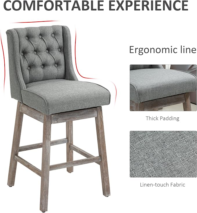 HOMCOM Bar Height Bar Stools Set of 2, 180 Degree Swivel Barstools with Solid Wood Footrests and Button Tufted Design, 30" Seat Height Bar Chairs for Kitchen Island, Gray