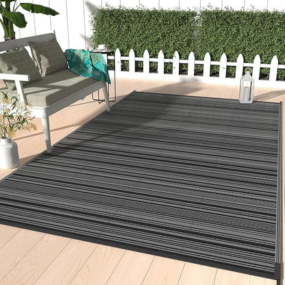 GENIMO Outdoor Rug for Patio Clearance, 6'x9' Reversible Plastic Straw Rugs, Lightweight Waterproof RV Camping Mat for Camper, Balcony, Deck, Backyard, Picnic, BlackGray