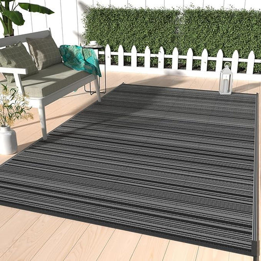 GENIMO Outdoor Rug for Patio Clearance, 5'x8' Reversible Plastic Straw Rugs, Lightweight Waterproof RV Camping Mat for Camper, Balcony, Deck, Backyard, Picnic, BlackGray