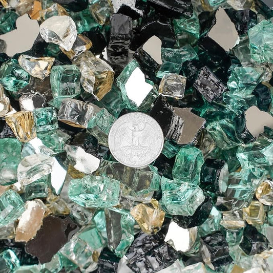 Mr. Fireglass 10 Pounds Blended Fire Glass, 1/4 Inch Mixed Colored High Luster Reflective Tempered Firepit Glass Rocks for Fireplace Fire Pit Table and Landscaping, Light Green, Onyx Black, Platinum