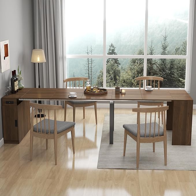 24"-118" Extendable Dining Table with Storage for 2-12 People, Modern Space-Saving Extra Long Wood Folding Table with USB & AC Outlets, Multifunctional Conference Meeting Table, Walnut