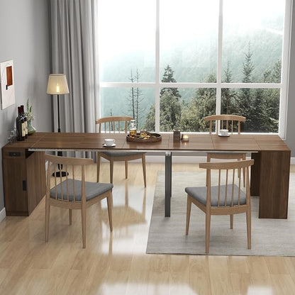 24"-118" Extendable Dining Table with Storage for 2-12 People, Modern Space-Saving Extra Long Wood Folding Table with USB & AC Outlets, Multifunctional Conference Meeting Table, Walnut