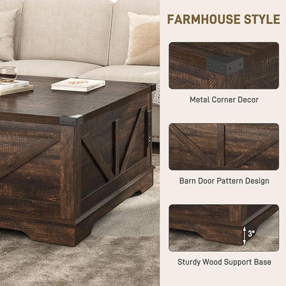 Hlivelood 40” Large Farmhouse Lift Top Coffee Table with Power Outlets and Large Hidden Storage, Square Wood Living Room Tables, Multi-Function Lift Wooden Barn Door Center Table, Brown
