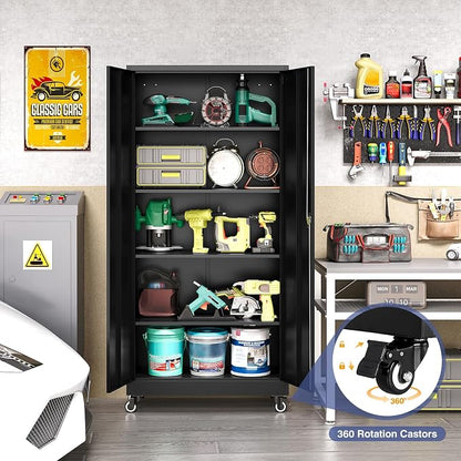 Metal Garage Cabinet with Wheels, 74.5" Tall Lockable Storage Cabinet with 4 Adjustable Shelves and 2 Doors, Tool Cabinet for Garage Home Office,Gym,School(Black)